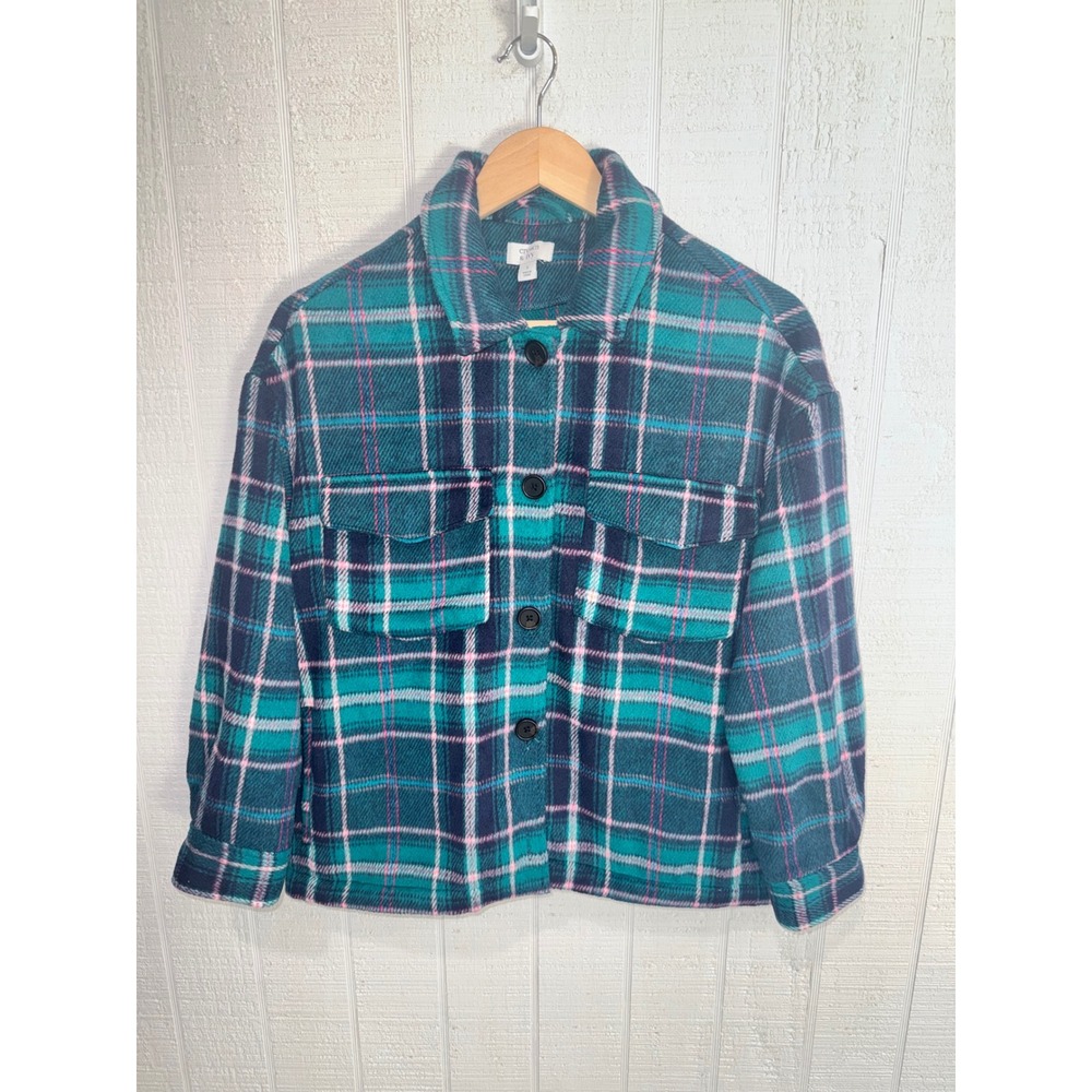 Crown & Ivy Plaid Shacket Women Teal Navy Pink Button Front Wool Blend Small